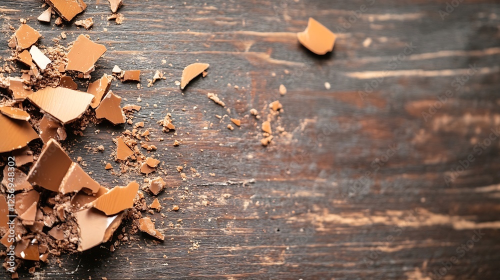 Aufkleber Close up view of broken chocolate pieces scattered on rustic wooden table : Generative AI