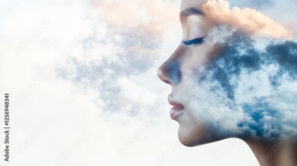 Poster Dreamy Image of a Woman's Face Merged with Soft Clouds Creating a Peaceful Atmosphere : Generative AI