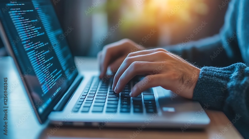 Poster focused individual typing on modern laptop in contemporary workspace with natural lighting : generat