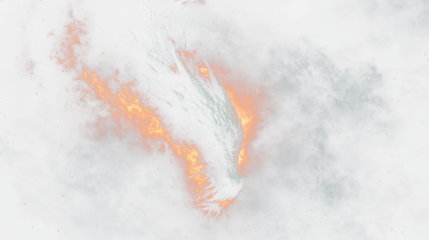 a bird flying through a dark sky with a fire in the background