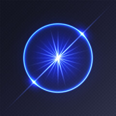 Blue light flare, glowing shiny sparkle, lens flare effect, bright glimmering glare. Vector illustration.