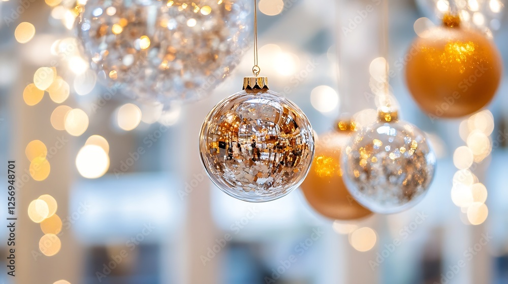 Poster elegant close up of christmas ornaments glimmering with soft lights in a festive holiday setting : g