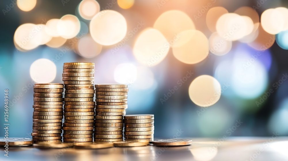 Aufkleber Stacked coins on a table with blurred lights capturing the essence of finance and wealth : Generative AI
