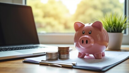 Vibrant money concept, a piggy bank next to a pile of coins and savings ledger on sunny desk, copy space