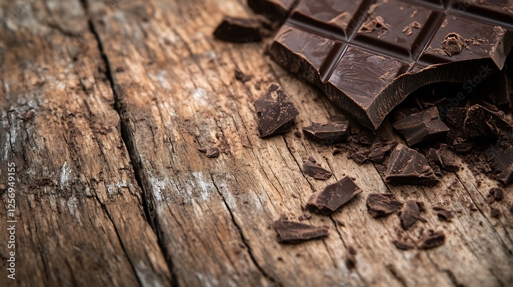 Poster Closeup view of broken dark chocolate pieces scattered on rustic wooden surface : Generative AI