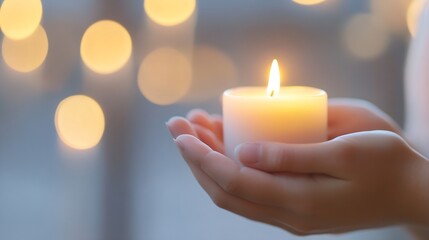 Woman holding a lit candle in hands with cozy warm light bokeh in background : Generative AI