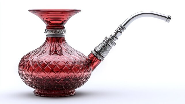 Ornate red glass hookah pipe against white background