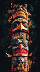Native American Totem Pole with Colorful Carvings