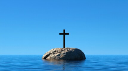 Cross on rock in serene blue water landscape.