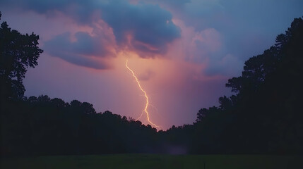 Lightning strike over forest at dusk