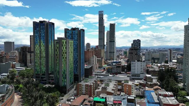 Aerial view of downtown Bogot&aacute;, Colombia, captured by a drone. The image showcases City U, highlighting a vibrant urban environment with modern and traditional architectur