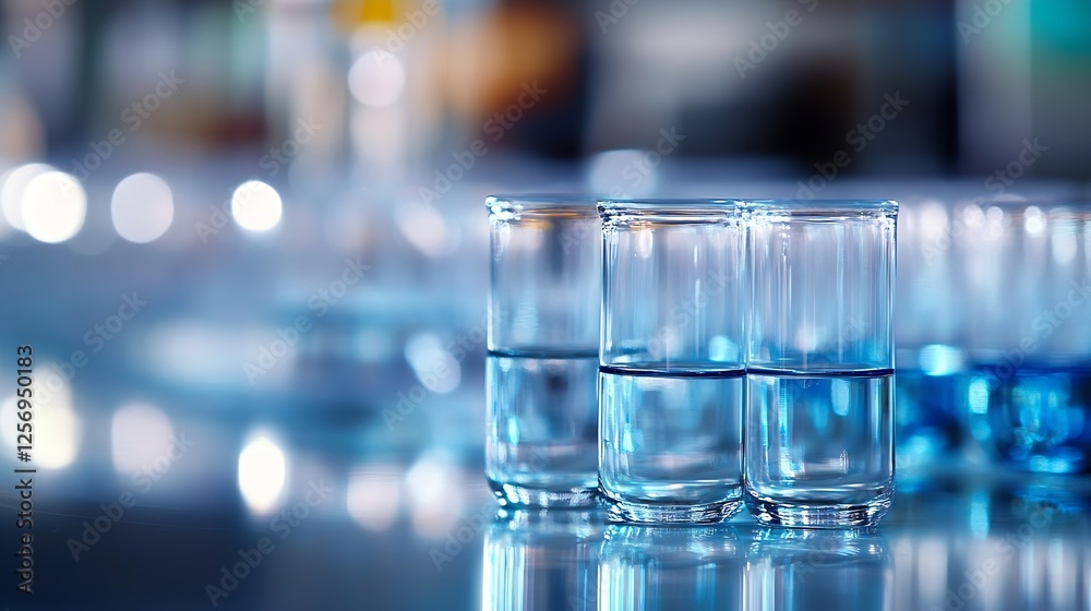 Poster clear and elegant shot glasses filled with water displayed on a reflective surface with soft lightin