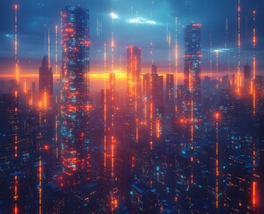 Naklejka premium Cyberpunk Cityscape: Neon Sunset