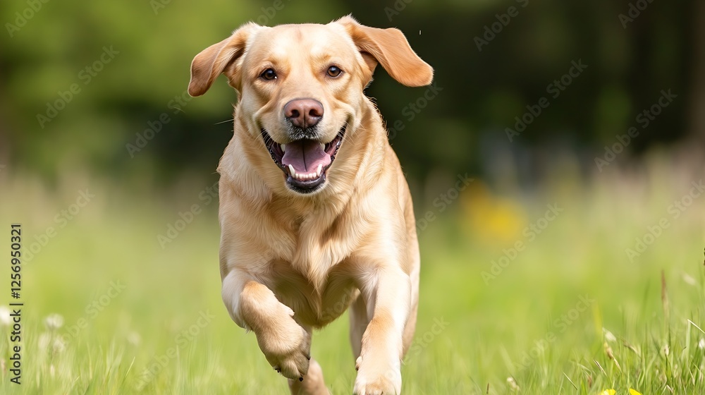 Aufkleber Energetic playful Labrador retriever running joyfully through a lush green field under bright sunlight : Generative AI