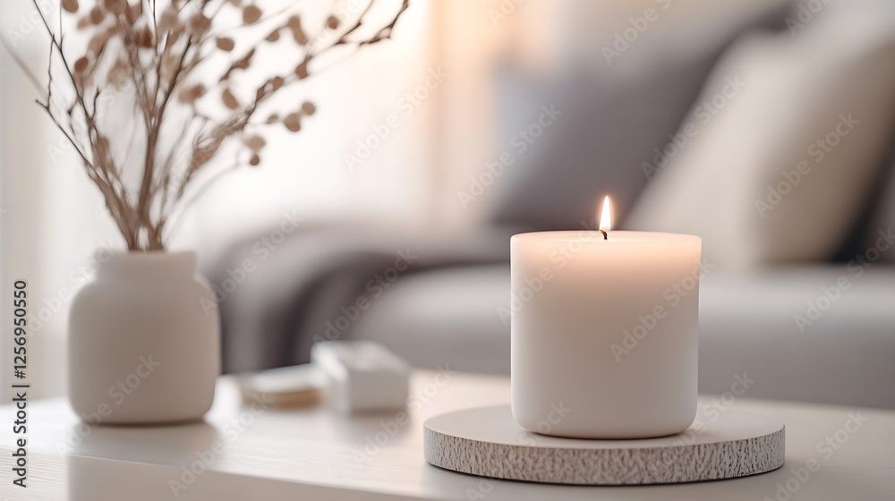 Poster a peaceful and serene candle burning softly on a wooden tray with decorative branches : generative a