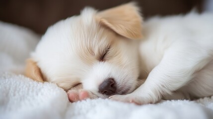 Fototapeta premium An adorable sleeping puppy nestled comfortably on a soft blanket for a cute and cozy scene : Generative AI