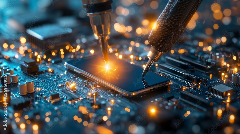 Poster high-tech innovations in mobile device repair electronics workshop technical process laboratory sett