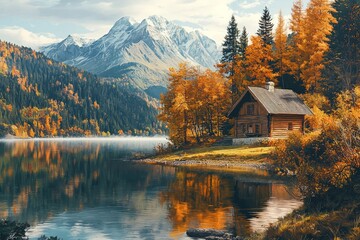 Fototapeta premium A beautiful autumn landscape with mountains, forests, and an old wooden house by the lake. The colors of fall in all their glory. Oil painting style