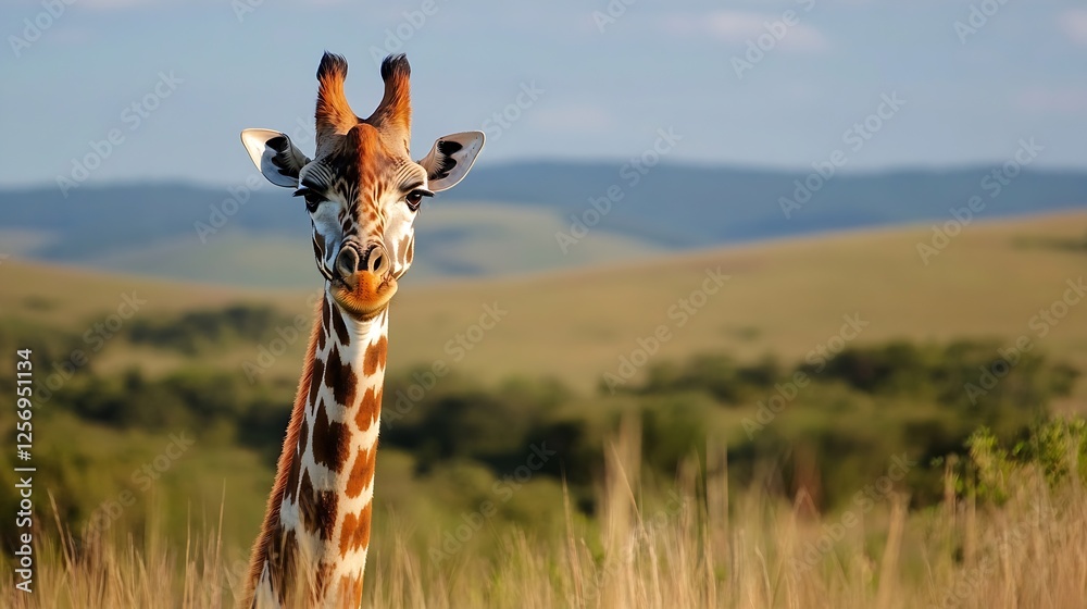 Poster closeup portrait of a giraffe in a natural habitat surrounded by greenery : generative ai