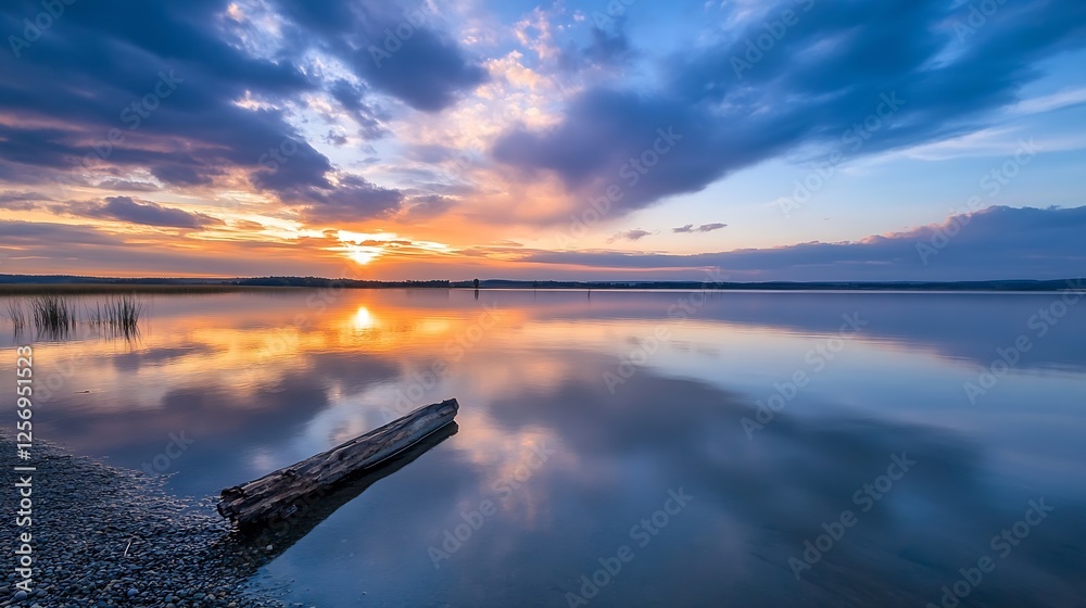 Poster Serene lake reflecting colorful clouds and sunset hues with a log in the foreground : Generative AI