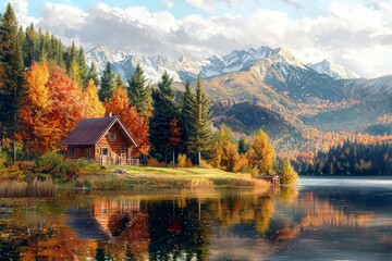 Obraz premium A beautiful autumn landscape with mountains, forests, and an old wooden house by the lake. The colors of fall in all their glory. Oil painting style