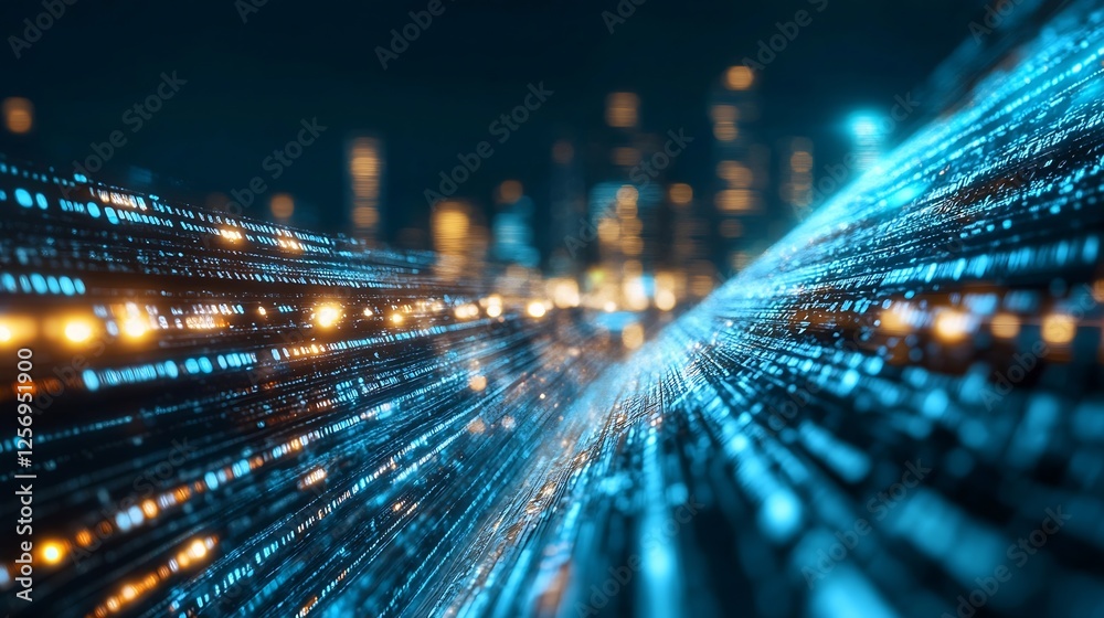 Leinwandbilder Dynamic digital data streams flowing with bright lights across a blurred cityscape background : Generative AI