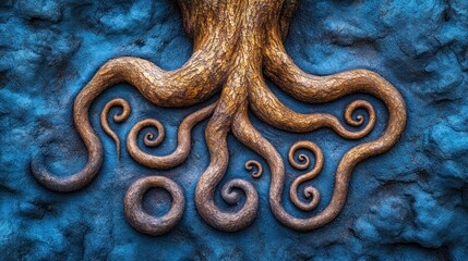 Ornate octopus sculpture, textured blue background, decorative wall art