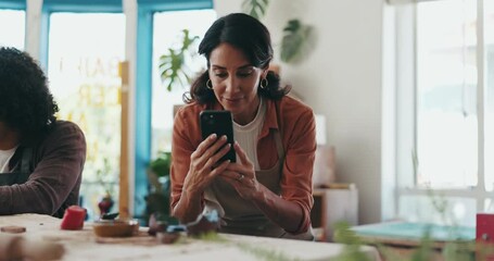 Phone, photograph and pottery with woman in boutique store for social media post of ceramic product. Advertising, retail and creative with picture of artistic stock by shop owner for online sale