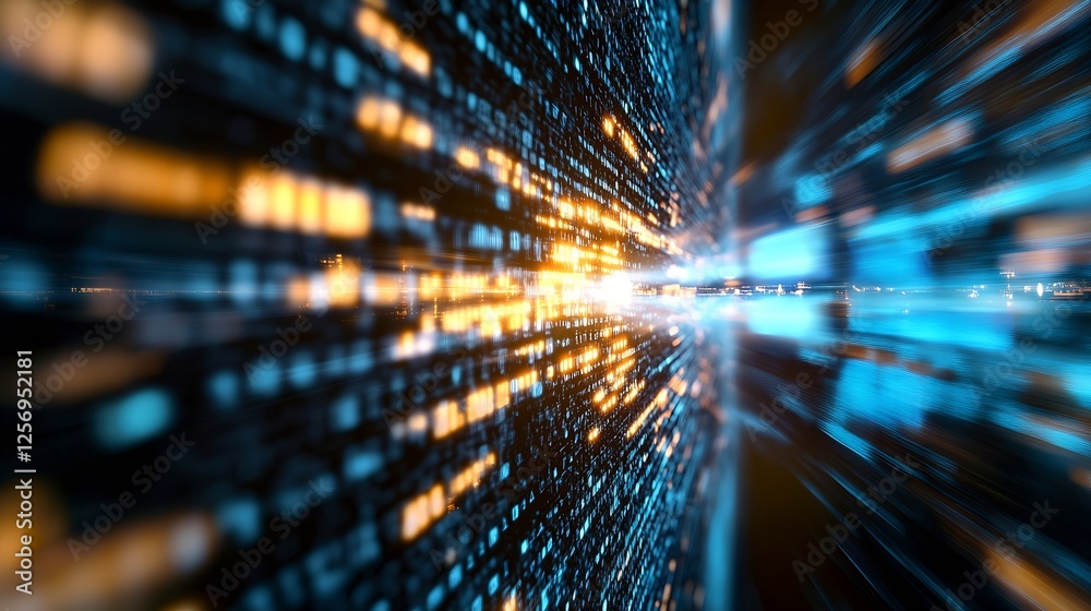 Poster Dynamic motion blur of digital data flowing through a network showcasing technology and connectivity : Generative AI