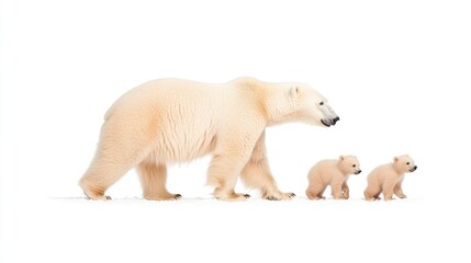 Fototapeta premium Polar bear and two cubs walking across a snowy landscape, showcasing family bonding in nature