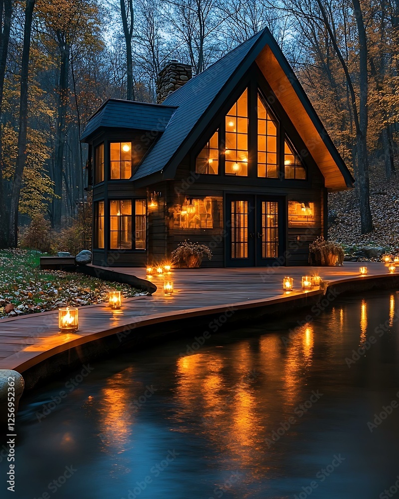 Wall mural tiny woodland houses cozy mountain cabin at dusk with glowing lanterns surrounded by autumn trees an