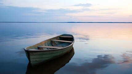 Obraz premium Tranquil scene of a solitary wooden boat floating on calm water during sunset : Generative AI