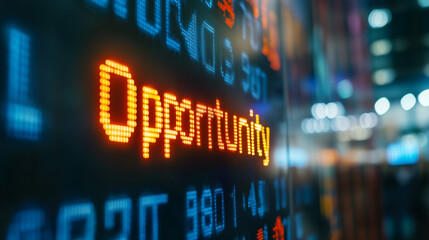 A stock market ticker tape with "Opportunity" flashing among the numbers