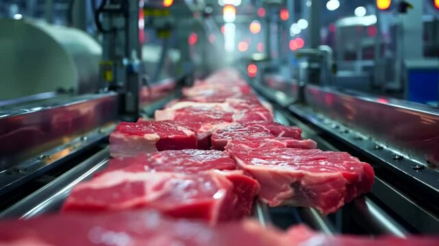 Fresh cuts of meat moving on a conveyor belt in a meat processing plant, highlighting industrial food production and automation.