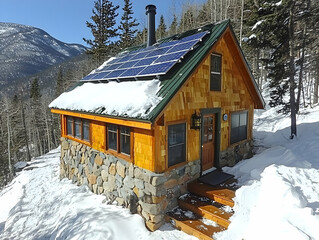 Mountain cabin solar panels snowy winter landscape