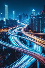 Obraz premium A cityscape at night, illuminated by neon lights and skyscrapers with busy streets below. A futuristic highway winds through the urban landscape, showcasing advanced technology