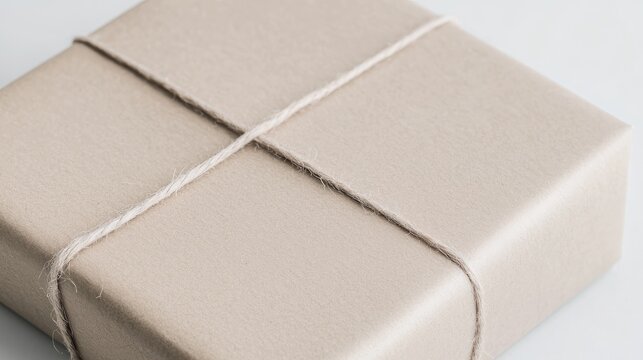 Wrapped gift, twine tied, white background, simple packaging, online retail