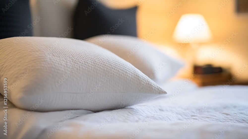 Poster cozy bed with plush pillows and warm ambient light creating a tranquil bedroom atmosphere : generati