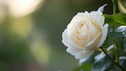 Beautiful white rose blossoming softly in a serene garden with gentle bokeh background : Generative AI