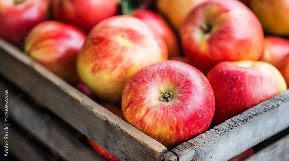 Poster fresh and juicy red apples in a rustic wooden crate ready for sale : generative ai