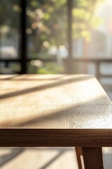 Fototapeta premium A close-up of an empty, light wooden table with soft shadows and a blurred window in the background, minimalist aesthetic