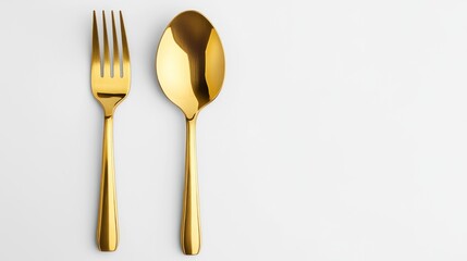 Gold spoon and fork on white background, food photography, copy space