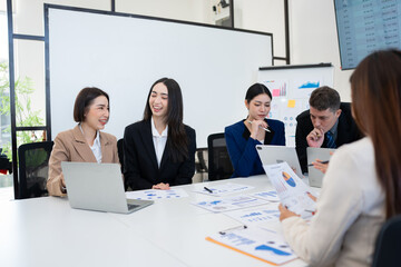 Business team brainstorming for planning strategies, laptop meeting with collaboration to present group project in office.