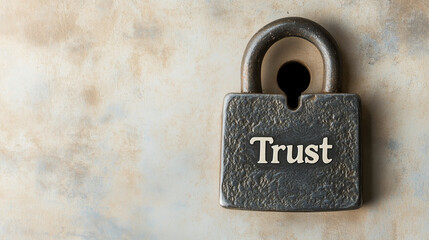 A simple lock with "Trust" written on the keyhole, on a neutral background