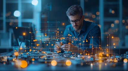 Innovative technology engineer analyzing electronic components in a high-tech workshop environment with dynamic data visualization