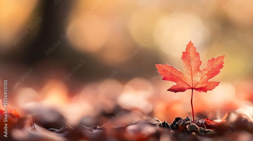 Poster Vibrant red maple leaf standing proudly amidst a bokeh background of autumn foliage : Generative AI