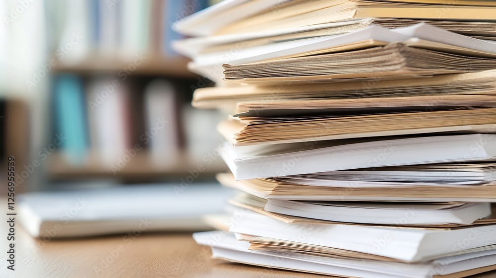Poster stack of papers and documents on a wooden desk symbolizing organization and workspace environment : 
