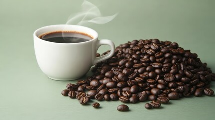 Fototapeta premium Steaming white coffee cup next to a mound of coffee beans on a wooden surface