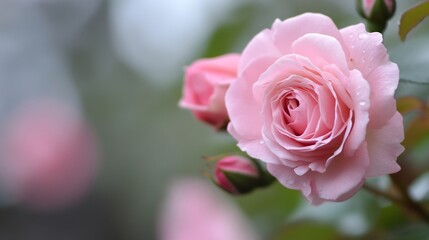 Beautiful Closeup of Fresh Pink Roses with Dewdrops in a Natural Setting for Floral Decor : Generative AI