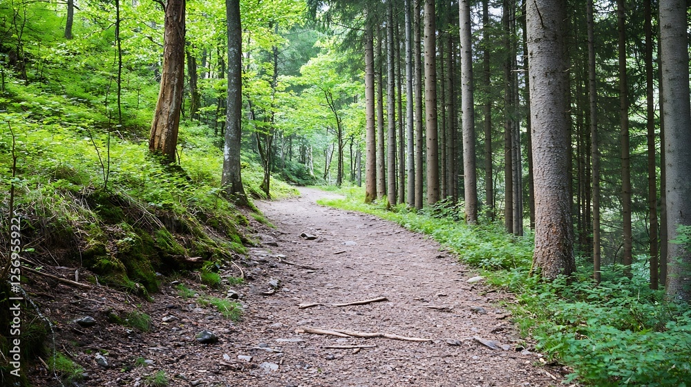 Poster dense forest pathway surrounded by lush green trees and foliage : generative ai